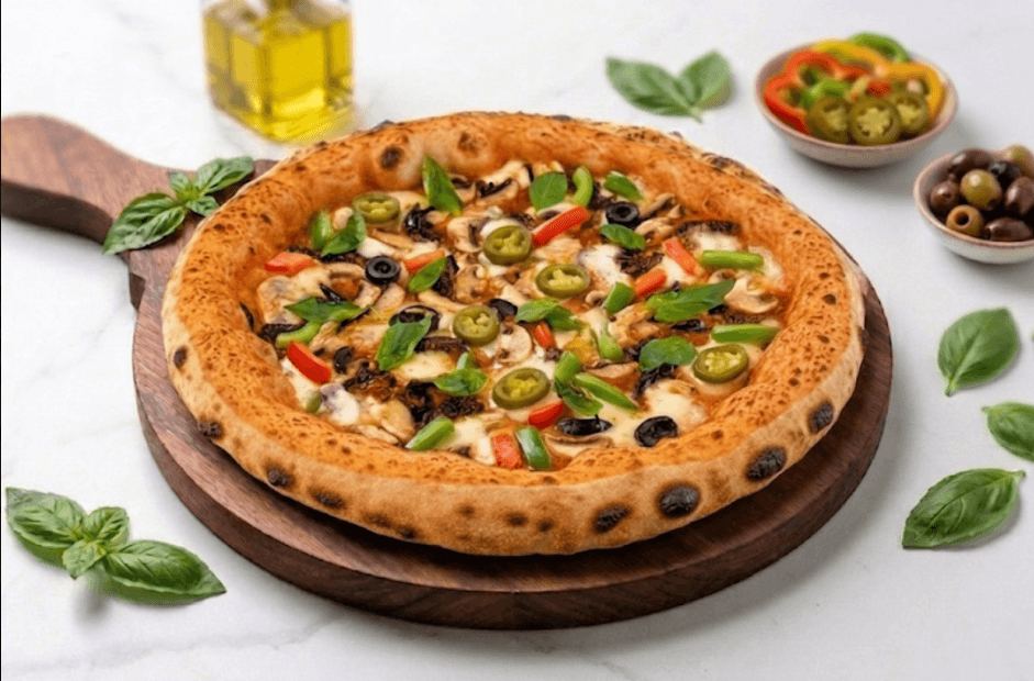 Fresh Napoletana pizza with basil, peppers and olives